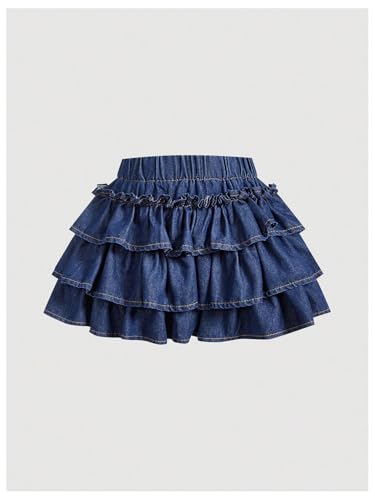 Verdusa Women's Bow Front Ruffle Cute Denim Mini Skirt Coquette Tiered Elastic Waist Jean Skirts2