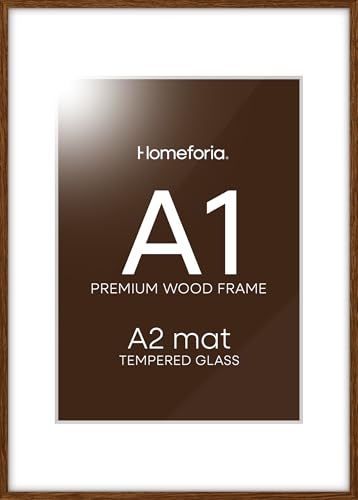 Image of Homeforia A1 Brown Oak Poster Frame, High-End Wood, A2 Mat, Glass | High End Solid Oak Wood, Tempered Glass, Acid-Free A2 Removable Mat, A1 Edge-to-Edge Display, Wall Kit, Set Of 1