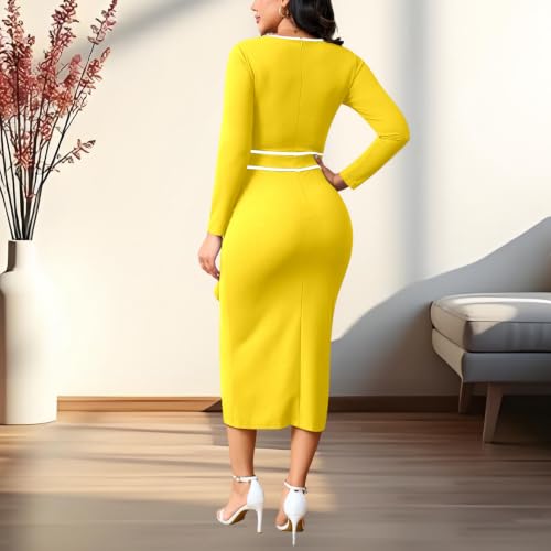 Image of Women's Elegant Church Vintage Bodycon Dress Casual Long Sleeve Work Business Pencil Split Sheath Midi Dresses
