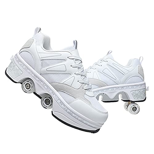 Image of Roller Skates for Women /Girls, Retractable Kick Roller Shoes with Wheels for Men, Outdoor Quad Wheel Rink Skates Adjustable Deformation Sneakers for Adult /Boys