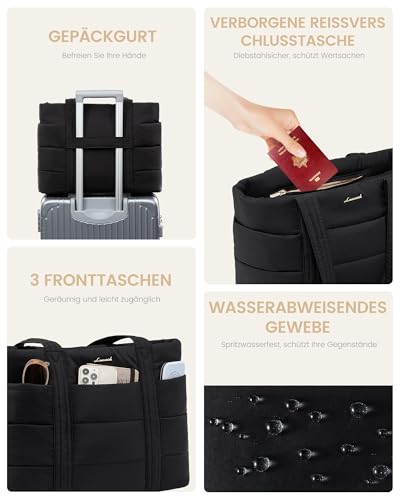 LOVEVOOK Laptoptasche Damen 15,6 Zoll, Shopper Tasche Puffer Handtasche Arbeitstasche Groß Tote Bag, Lehrertasche Schultertasche Bürotasche Aktentasche Women Handbags für Uni Business Schule, Schwarz