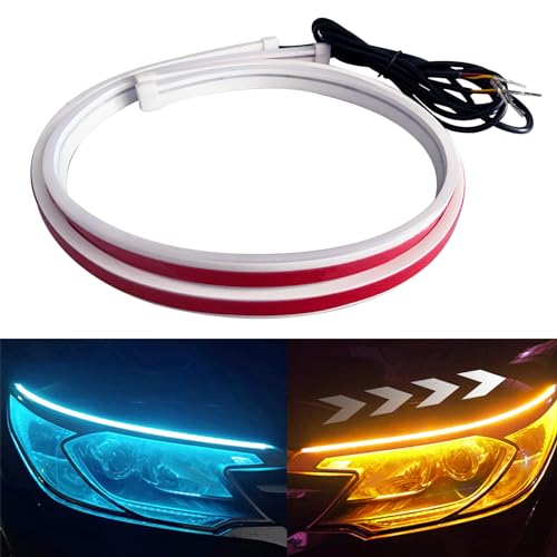 GZRUICA LED Headlight Strip Tube Light, 23.6In Waterproof Sequential Flowing Turn Signal Lamp, DRL LED Strip Car Daytime Running Light Universal for Most Cars, Ice Blue/Amber Switchable (60CM, 2PCS)