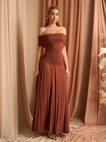 Off The Shoulder Maxi Dress for Women Summer Ruched Bodycon Pleated Flowy Formal Wedding Guest Long Dresses3