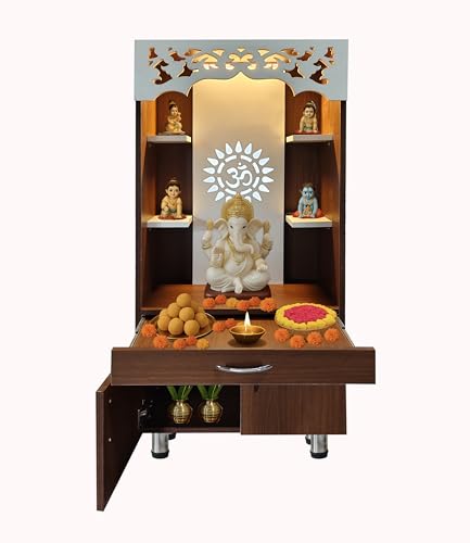 Alpine Willow Premium Temple for Home (Pre-Assembled) Pooja Mandir for Home I Devghar I Puja Ghar I Corian Design Wooden Temple (Walnut & White, 130 X 60 X 35 CM)