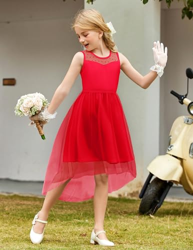 Image of Arshiner Girls Dresses Formal Party Wedding Tulle Sleeveless Contrast Mesh High Low Dress with Belt