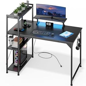 42 Inch Computer Desk with LED Light,Gaming Desk with Reversible Storage Shelves and Power Outlets for Home Office, Small Space