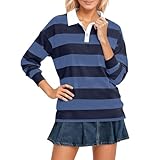 Vhersily Polo de mujer de gran tamaño a rayas de manga larga con cuello de rugby elegante a la moda cálido, cómodo, cuello redondo, estilo urbano Y2K Streetwear para entrenamiento y ocio, azul oscuro