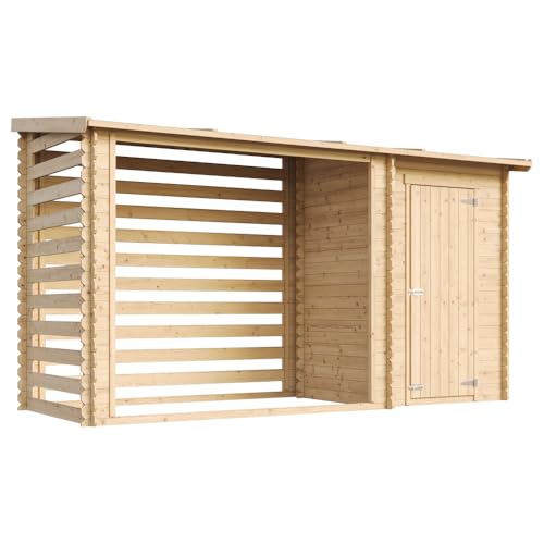 TIMBELA M205 Holz-Geräteschuppen 344x146x199 cm – Gartenhaus mit Brennholzregal, wasserfestem Dach, 3.64 m²