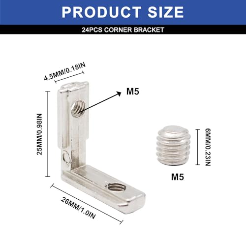 Image of 24pcs 2020 Aluminum Extrusion Connector Corner Bracket Joining 2020 Hardware T-Slotted Accessories V-Slot with Screws for 8020 Aluminum Profile 3D Printer Frame Spare Parts Silver