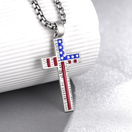 925 Sterling Silver American Flag Cross Necklace For Men Mens Faith-Based Pendant Patriotic Military Gifts Christian Jewelry ForVeterans2