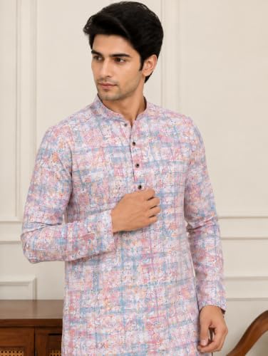 Image of FOXDX Men's Cotton Kurta, Ethnic Printed Kurta for Perfect Ethnic Look, Stand Collar Long Sleeve Casual Printed Regular Long Kurta