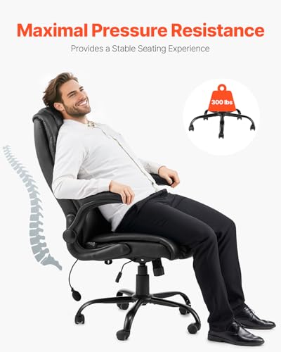 Image of VEVOR Executive Office Chair with Lumbar Support, 300lb Capacity Office Chair with Flip-up Armrests & Lumbar Pillow, Height Adjustable Ergonomic Chair, PU Leather Reclining Home Office Desk Chairs