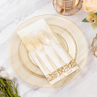 Goodluck 175 Piece Dinnerware Set for 25 Guests, Plastic Plates Disposable for Party, Include: 50 Gold Glitter Plastic Plates, 25 Paper Napkins, 25 Cups, 25 Gold Glitter Silverware Set