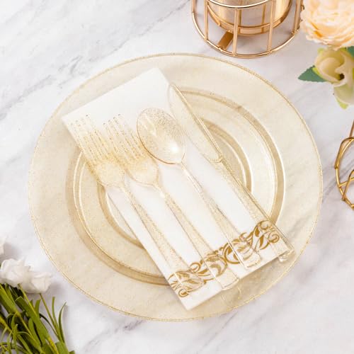Goodluck 175 Piece Dinnerware Set for 25 Guests, Plastic Plates Disposable for Party, Include: 50 Gold Glitter Plastic Plates, 25 Paper Napkins, 25 Cups, 25 Gold Glitter Silverware Set