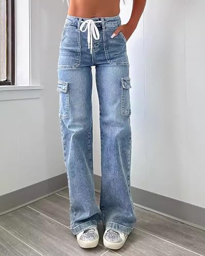 Women's Straight Leg Cargo Jeans Drawstring Elastic Mid Rise Washed Distressed Flap Pocket Denim Pants4