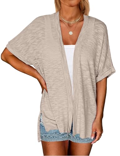 Image of Lightweight Cardigans for Women Summer Short Sleeve Cardigan Beach Coverups | side split hem, open front kimono-style layer for dresses or tanks