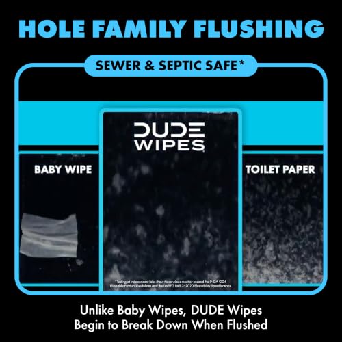 Image of DUDE + LiL' DUDE Wipes Flushable Wipes for Sensitive Skin - 99% Water, Unscented, Hole Family Flushing - 3 Pack (144 Count) + 2 Pack (84 Count) - Vitamin E and Aloe - Septic and Sewer Safe