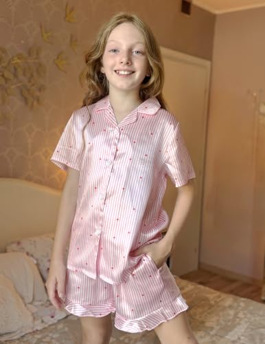 Image of Arshiner Girls Pajamas Silk Satin Pajama Set Button Pjs Ruffle Sleepwear | 2 Piece Nightwear, Silky Soft Lounge for Little & Big Kids, Ideal for Sleeping and Sleepover Party