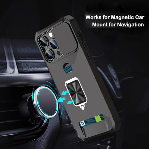 for iPhone 15 Pro Max Case with Card Holder and Slide Camera Cover,360° Rotate Ring Kickstand Heavy Duty Protective Phone Case for Apple iPhone 15 Pro Max Cover-Black