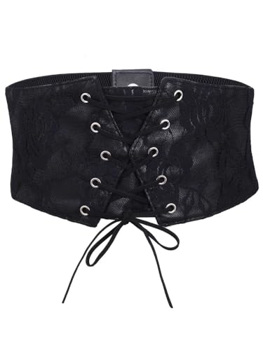 Women's Stretchy Tied Black Genuine Leather Waspie Belts Genius, Wide Halloween Dress Cincher Waist Belt
