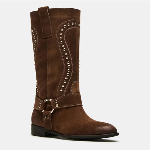 Women's Suede Knee High Riding Boots Studded Western Boots Round Toe Motorcycle Boots Wide Calf Pull on Biker Boots2