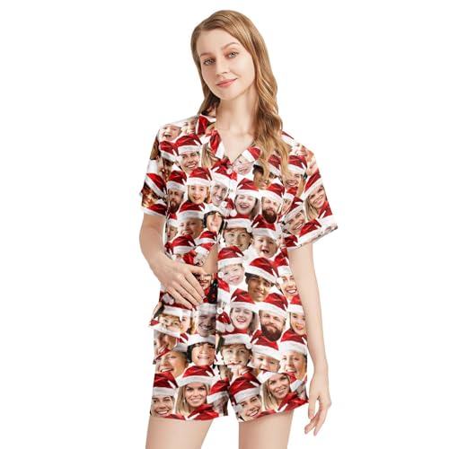 Image of Funny Satin Pajamas Set for Women Button Down Sleepwear Print Pjs Set 2 Piece Short Sleeve Loungewear Gift for Women