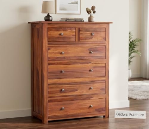 Image of Wooden Chest of Drawers for Living Room with 6 Drawer - Solid Wood Chest of Drawers Wooden Drawer Cabinet Chest of Drawer for Bedroom Storage Cabinet (Jamee, Honey Finish)