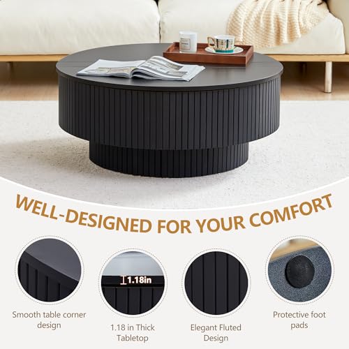 Image of 33 inch Round Coffee Table with Lift-Top & Flip-Top Storage, Modern Accent Fluted Coffee Tables with Metal Frame, Wooden Circle Center Table for Living Room Small Space Apartment Office (Black)