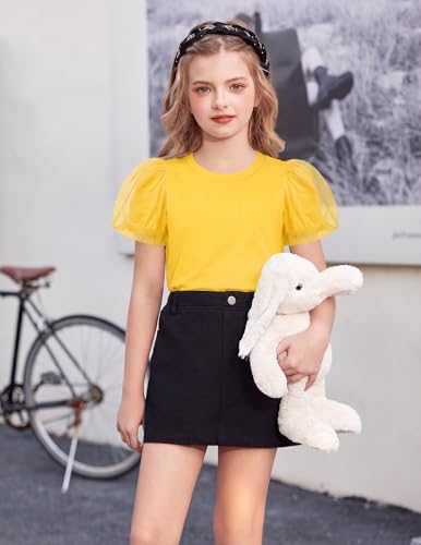 Image of Arshiner Girls Shirts Mesh Puff Short Sleeves Blouse Crewneck Cute Print Summer Kids Tee Tops