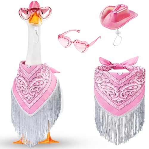 Sunnymove Disco Cowgirl Porch Goose Outfit 23 Cement Goose Statue Fringe Bandana Sunglasses for Summer Lawn Desk Patio Yard (Pink)