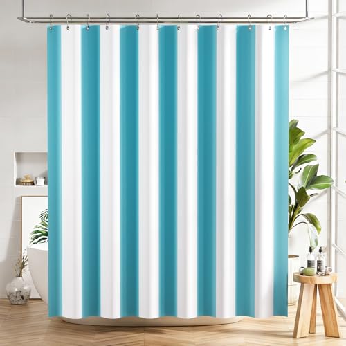 Image of AmazerBath Blue Vertical Stripes Shower Curtain, Cute Blue Stripe Bathroom Shower Curtain with 12 Shower Curtain Hooks, Rustic Fabric Blue and White, 72x72 Inches