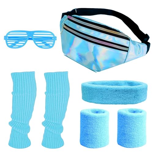 Ensemble de vêtements de sport des années 80 et 90, accessoires des années 80, bandeau, sac de ceinture, jambières, pour carnaval, fête néon, bleu, taille unique