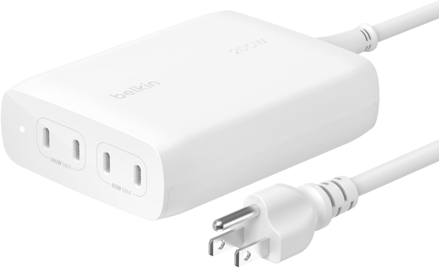 Belkin 4-Port USB C Charger Block 200W - GaN Multi-Port Charger USB-C PD3.1 Fast Charge + 5ft Power Cord - MacBook, iPhone 17, Air, iPad, Samsung Galaxy S25, Google Pixel 10, Nintendo Switch 2 - White