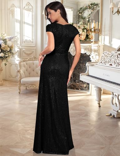 meilun Short Sleeve Sequin Dress for Women Formal Evening Gowns Sparkly V Neck 1920s Long Dress3