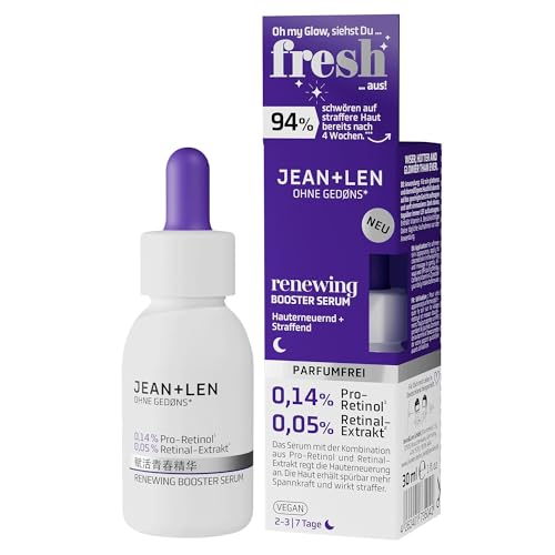 Jean & Len Renewing Booster Serum, ideal para todos os tipos de pele, aumenta a elasticidade e a resiliência da pele, com pro-retinol* e extrato de retina**, sem fragrância, vegano, 30 ml