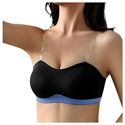 Transparent Clear Invisible Shoulder Straps Bras for Women No Underwire Wirefree Bras with Smart Sizes Comfortable Wireless Bras, â€‹V Neck Soft and Light Basic Bras (Black, X-Large)
