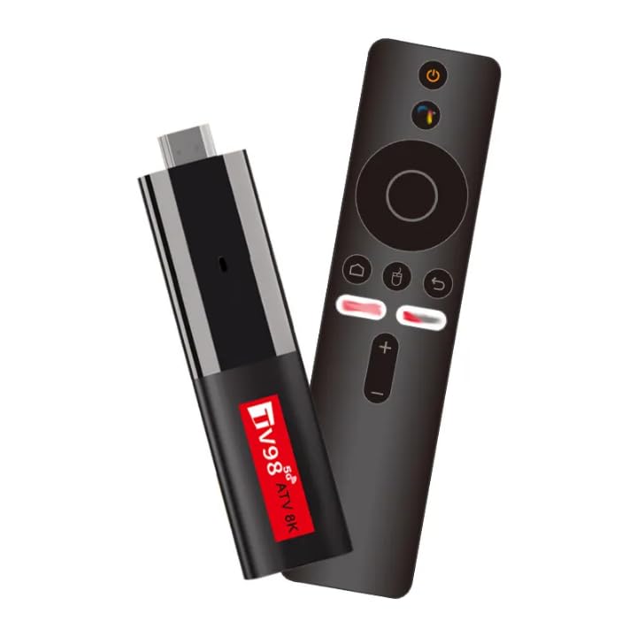 Diagram showing the TV98 ATV Stick and a TV screen with a system update prompt. The stick is connected to the internet, and instructions for checking and performing an online upgrade are listed.