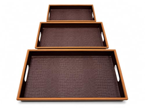 Image of KITCHIVO 3 Pcs Plastic Serving Tray Set with Handle | Multipurpose Tea Snacks Breakfast Tray | Floral Printed Rectangular Serving Trays for Kitchen & Home (Dark Chocolate)