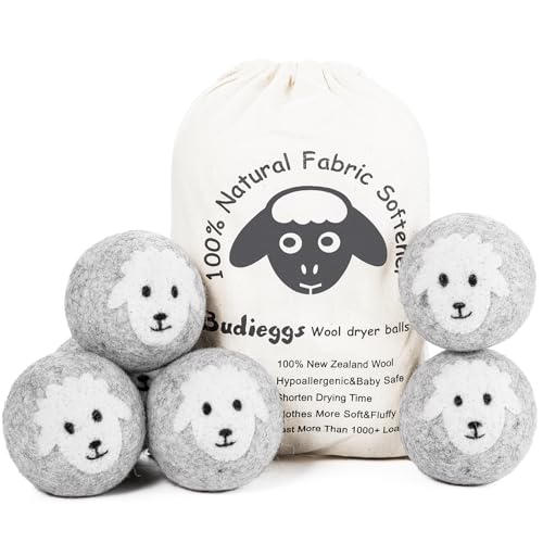 Budieggs Wool Dryer Balls Organic XL 6-Pack, 100% New Zealand Chemical Free Fabric Softener for 1000+ Loads, Baby Safe & Hypoallergenic, Reduce Wrinkles & Shorten Drying Time Naturally (Grey Sheep)