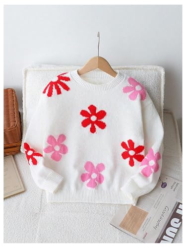SweatyRocks Girl's Floral Print Sweaters Long Sleeve Crewneck Knitted Cute Flower Pullover Jumper3