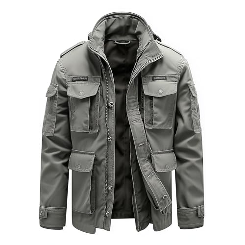 Mens Field Jacket Military Inspiration Classic M-65 Grey Exterior Pockets Hooded Outdoor Nylon Winter Jacket