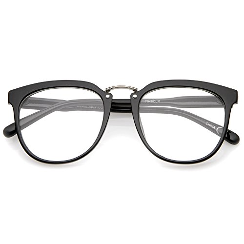 zeroUV Classic Metal Bridge Square Flat Clear Lens Horn Rimmed Eyeglasses 55mm (Black-Silver/Clear)