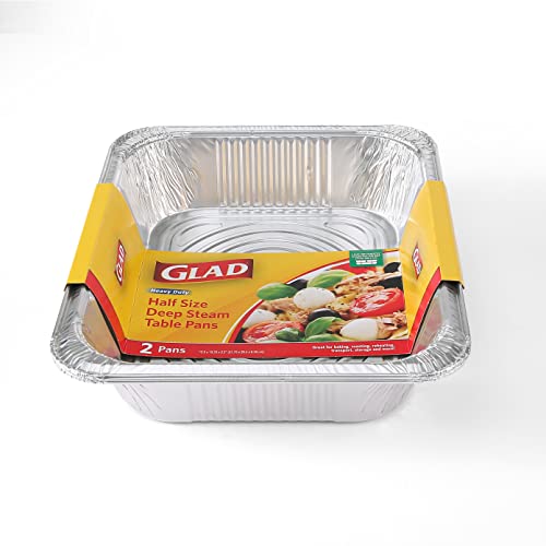 Image of Glad Disposable Half Size Aluminum Steam Pans, Deep Heavy Duty Foil Pans for Steaming, Baking, Roasting, Meal Prep, Catering & Freezer Storage, 12.5 x 10.25 x 2.5 Inch, 2 Count - 2 Pack
