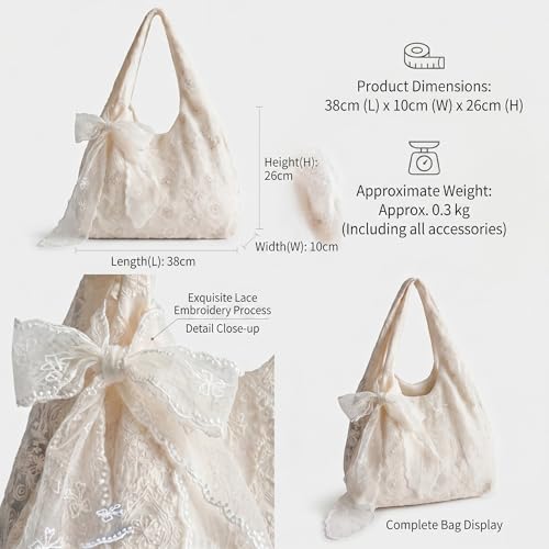 Bolso Tote Beige de Lona con Encaje para Mujer miniatura 5