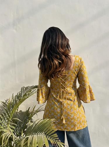 Image of ANNI Designer Women's Viscose Blend Printed Short Kurti | Straight Fit Casual Ethnic Top | Square Neck Full Sleeve Kurta Office College