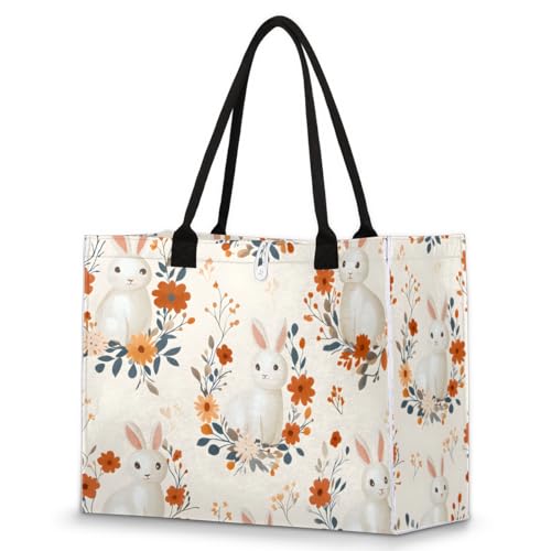 Bunny Easter Flowers Tote Bag for Women Large Beach Bag Reusable Tote Bags for Work Travel Beach Shopping
