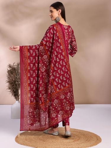 Image of Pure Cotton Anarkali Kurta Set for Women with Dupatta | 3 Piece Cotton Anarkali Suit | Floral Aari Work | Flared Ethnic Wear