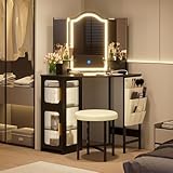 LVSOMT Corner Vanity Desk with Mirror and Lights, Makeup Vanity with Charging Station, Dressing Table with 3 Lighting Options, Vanity Set with Stool, Women’s Vanity for Bedroom, Black
