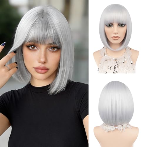 JIAMEISI Kurze Bob Perücke mit Pony 30cm Silber Glatte Bob Perücke für Damen Synthetische Hitzebeständige Faserhaare für Cosplay Party Weihnachten Halloween und Tägliche Nutzung (Silber)