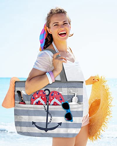 Blue White Striped Beach Tote Bag for Women, Navy Blue Beach Nautical Anchor Ocean Coastal Mesh Beach Bags Waterproof, Outdoor Picnic Swim Pool Handbag - Large Beach Bag with Zipper and Pockets2